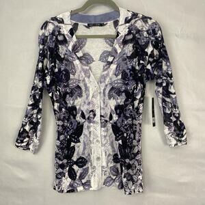 NWT NIC+ZOE Sweater M Cardigan Linen Blnd V-Neck Floral Purple Print Lightweight